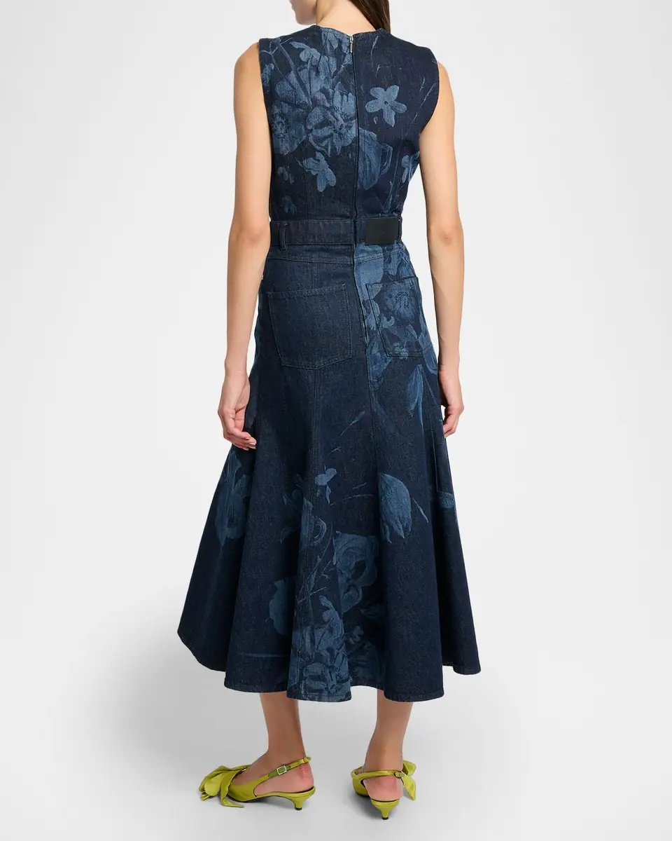 Erdem Floral-Print Denim Sleeveless Flute Midi Dress | Thumbnail 3 Erdem Floral-Print Denim Sleeveless Flute Midi Dress | Thumbnail 3