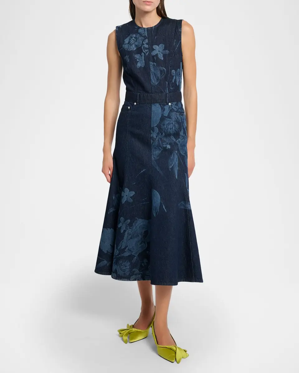 Erdem Floral-Print Denim Sleeveless Flute Midi Dress | Thumbnail 4 Erdem Floral-Print Denim Sleeveless Flute Midi Dress | Thumbnail 4