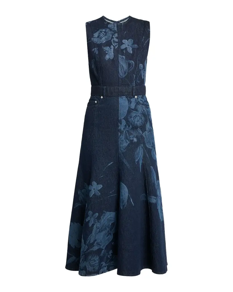 Erdem Floral-Print Denim Sleeveless Flute Midi Dress | Image 1 Erdem Floral-Print Denim Sleeveless Flute Midi Dress | Image 1