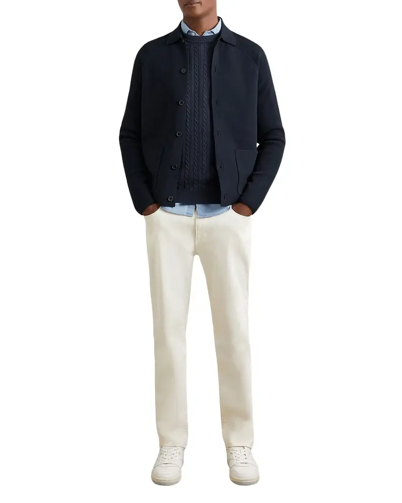 Reiss Men's Fitzgerald Ribbed-Sleeve Button-Down Shirt | Image 1 Reiss Men's Fitzgerald Ribbed-Sleeve Button-Down Shirt | Image 1