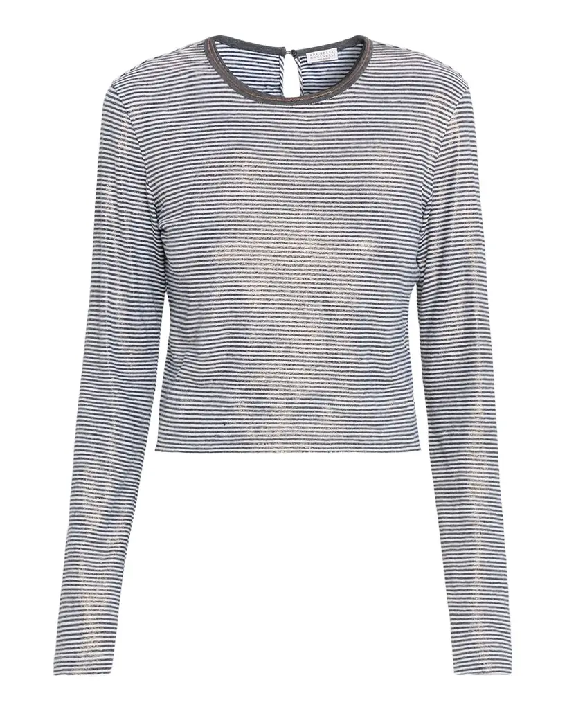 Brunello Cucinelli Glossy Summer Striped Long-Sleeve Crop T-Shirt | Image 1 Brunello Cucinelli Glossy Summer Striped Long-Sleeve Crop T-Shirt | Image 1