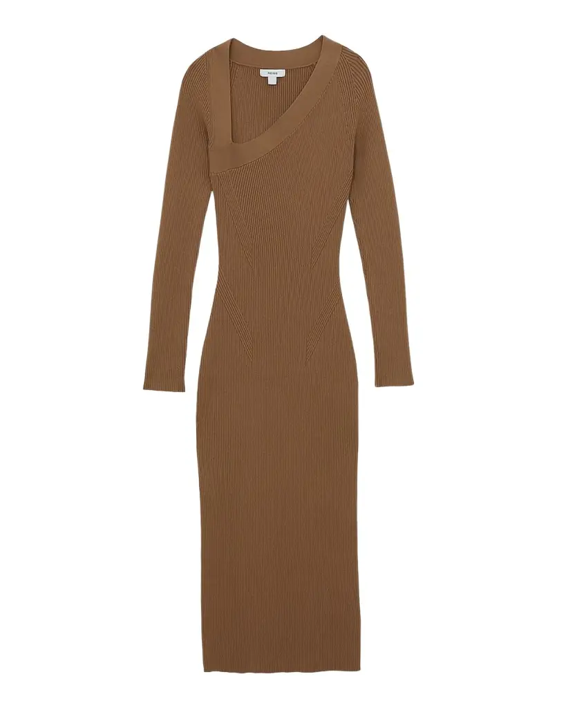 Reiss Zeta Asymmetric-Neck Rib-Knit Midi Dress | Image 1 Reiss Zeta Asymmetric-Neck Rib-Knit Midi Dress | Image 1