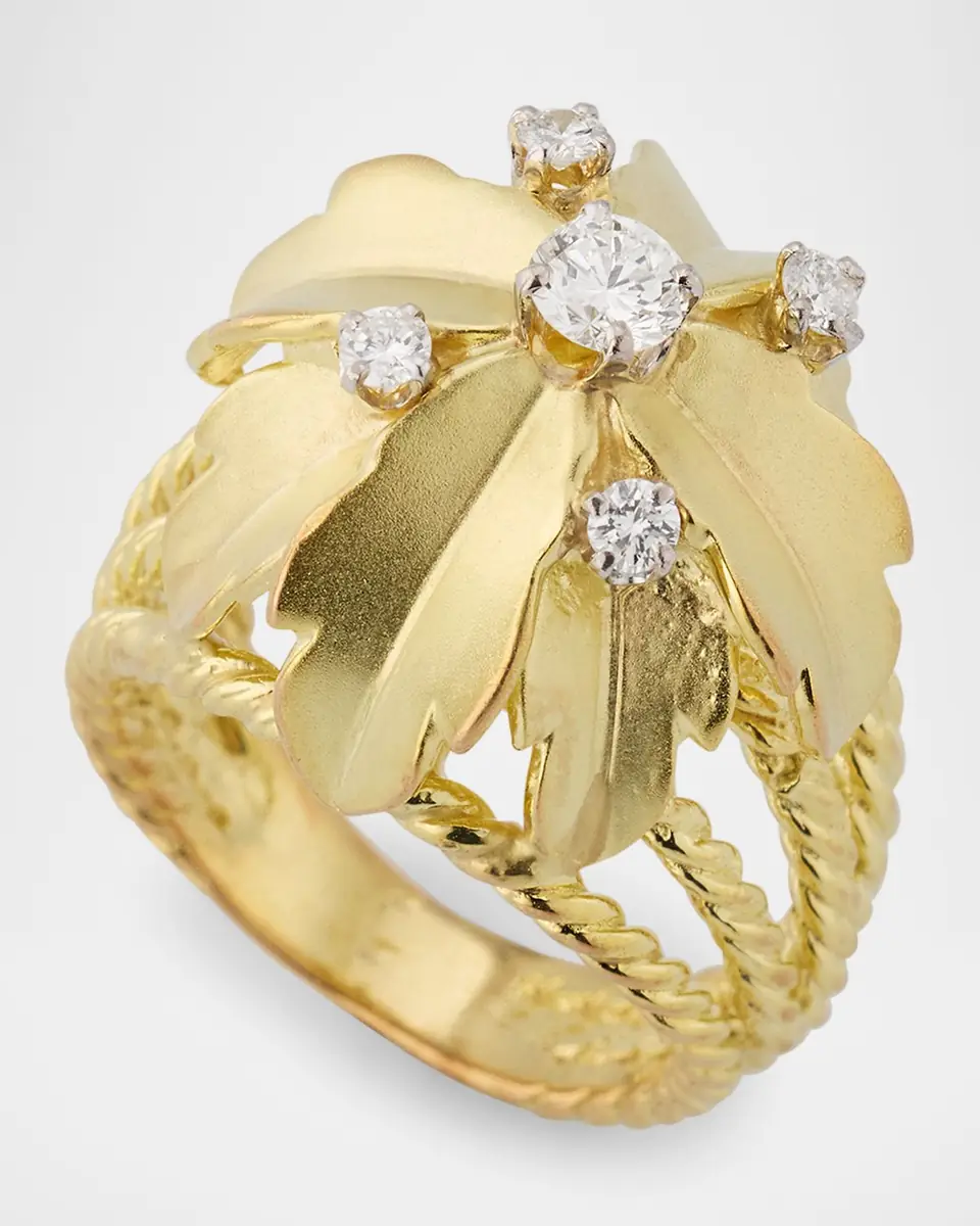 NM Estate Estate 14K Yellow Gold Diamond Floral Leaf Rope Shank Ring, Size 6.5 | Thumbnail 3