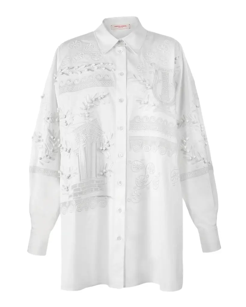 Carolina Herrera Grecian Embroidered Oversized Button-Down Shirt | Image 1 Carolina Herrera Grecian Embroidered Oversized Button-Down Shirt | Image 1