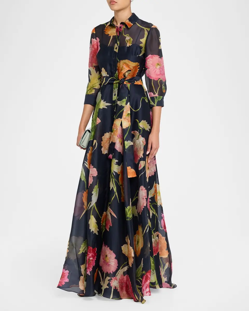 Carolina Herrera Floral Silk Chiffon Belted Trench Gown | Thumbnail 3