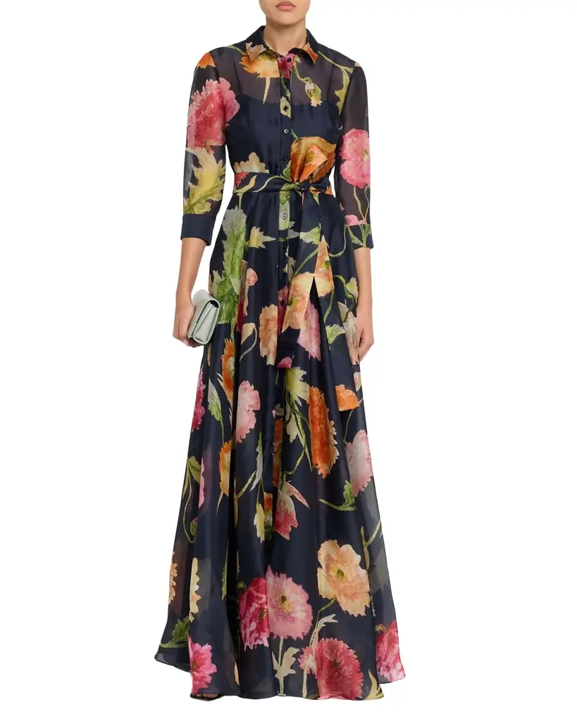Floral Silk Chiffon Belted Trench Gown
