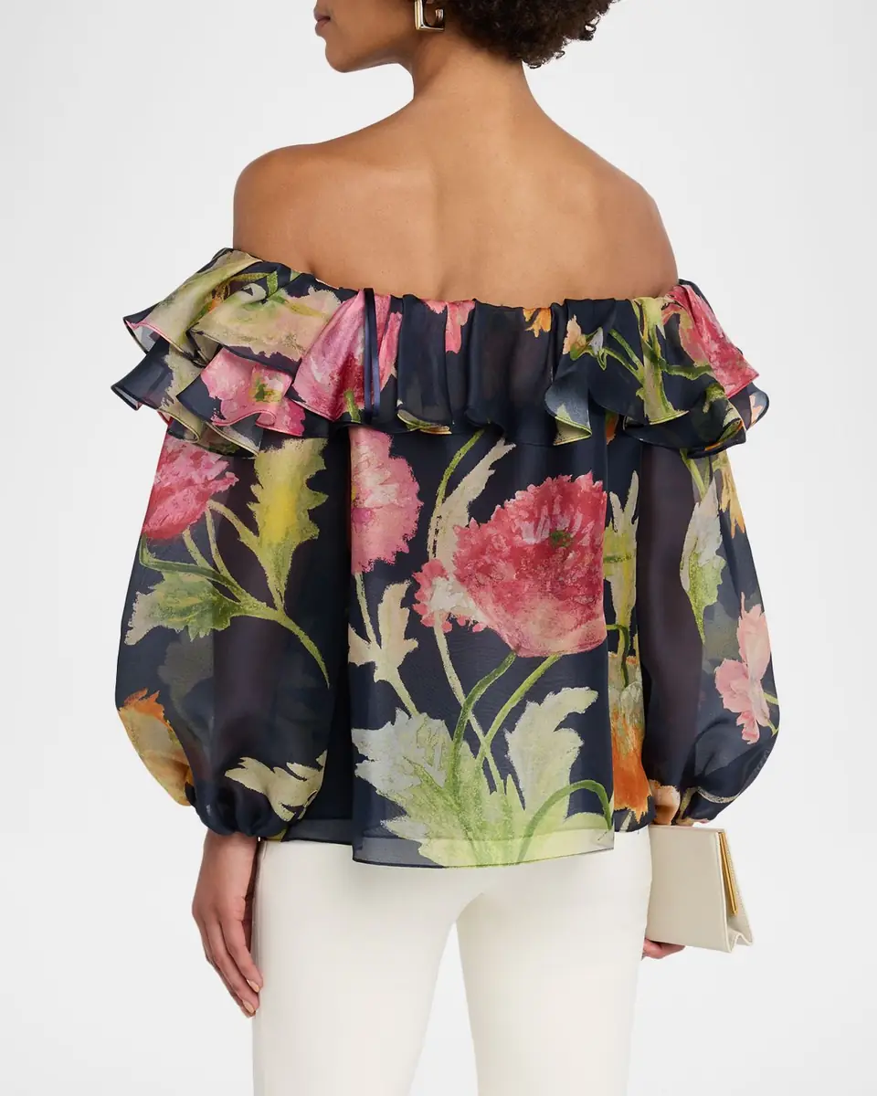 Carolina Herrera Off-The-Shoulder Floral-Print Silk Organza Top | Thumbnail 3