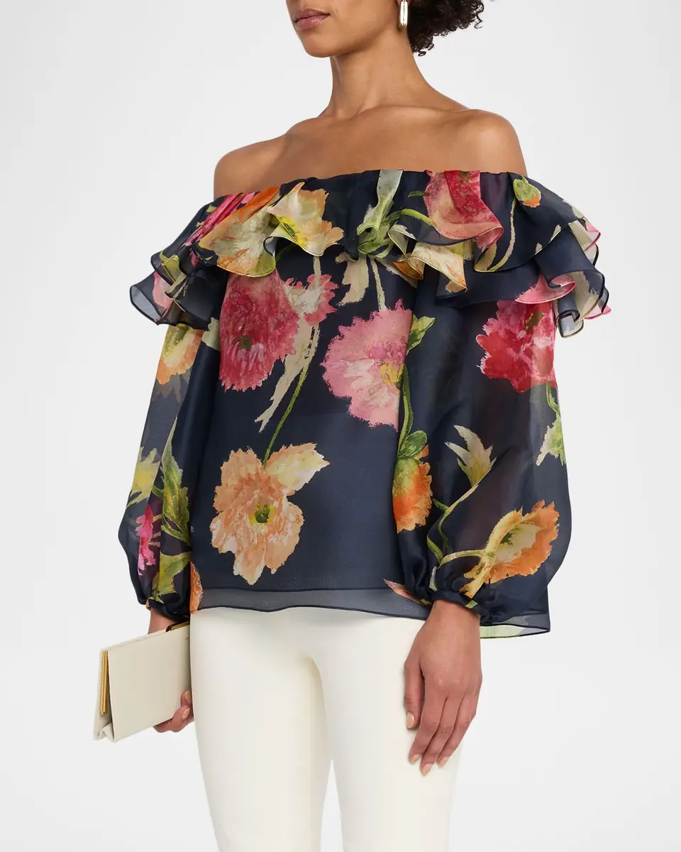 Carolina Herrera Off-The-Shoulder Floral-Print Silk Organza Top | Thumbnail 4