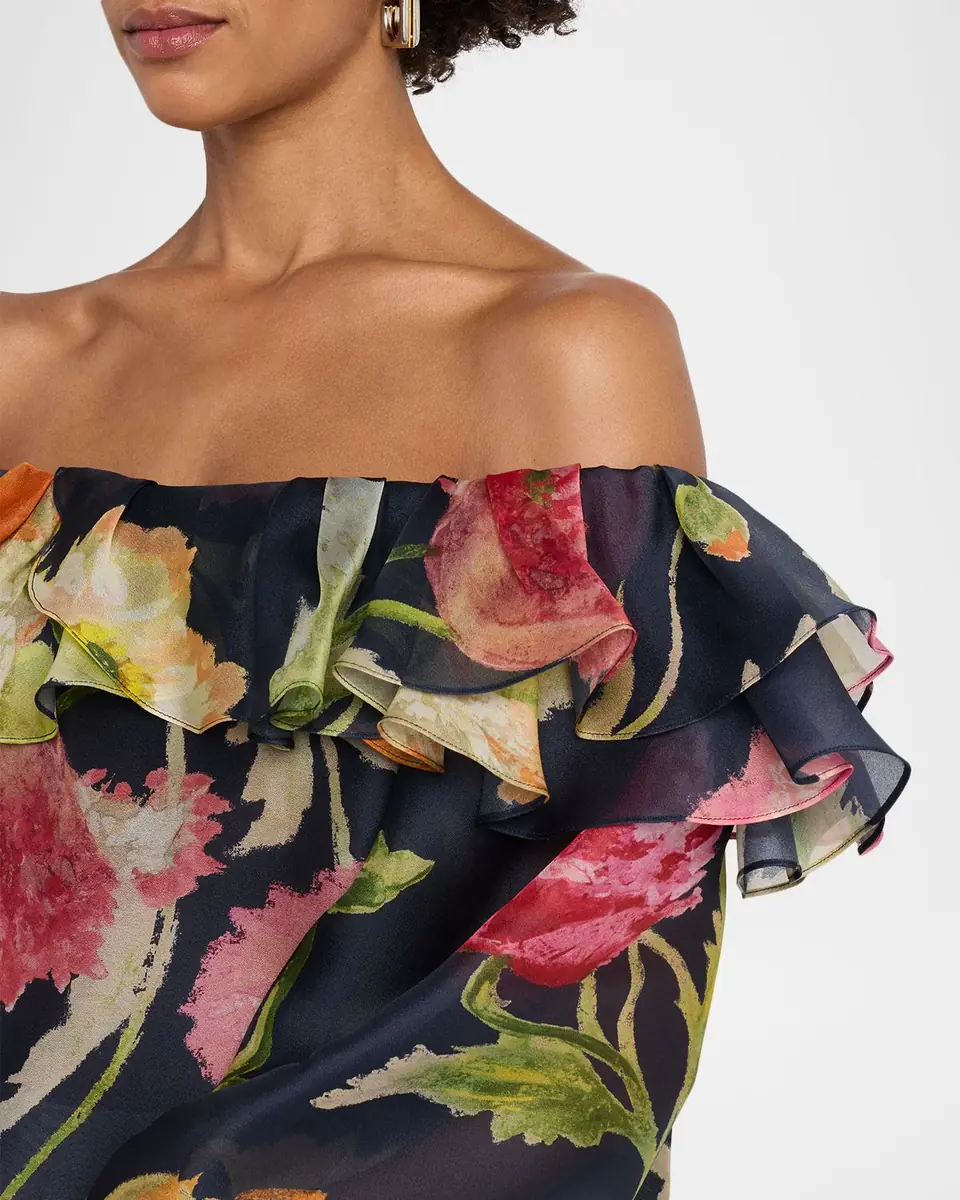 Carolina Herrera Off-The-Shoulder Floral-Print Silk Organza Top | Thumbnail 5