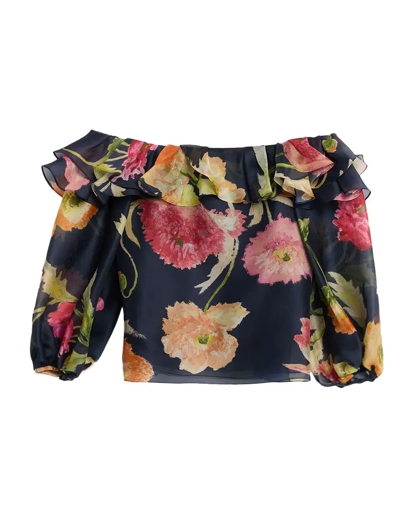 Off-The-Shoulder Floral-Print Silk Organza Top Off-The-Shoulder Floral-Print Silk Organza Top