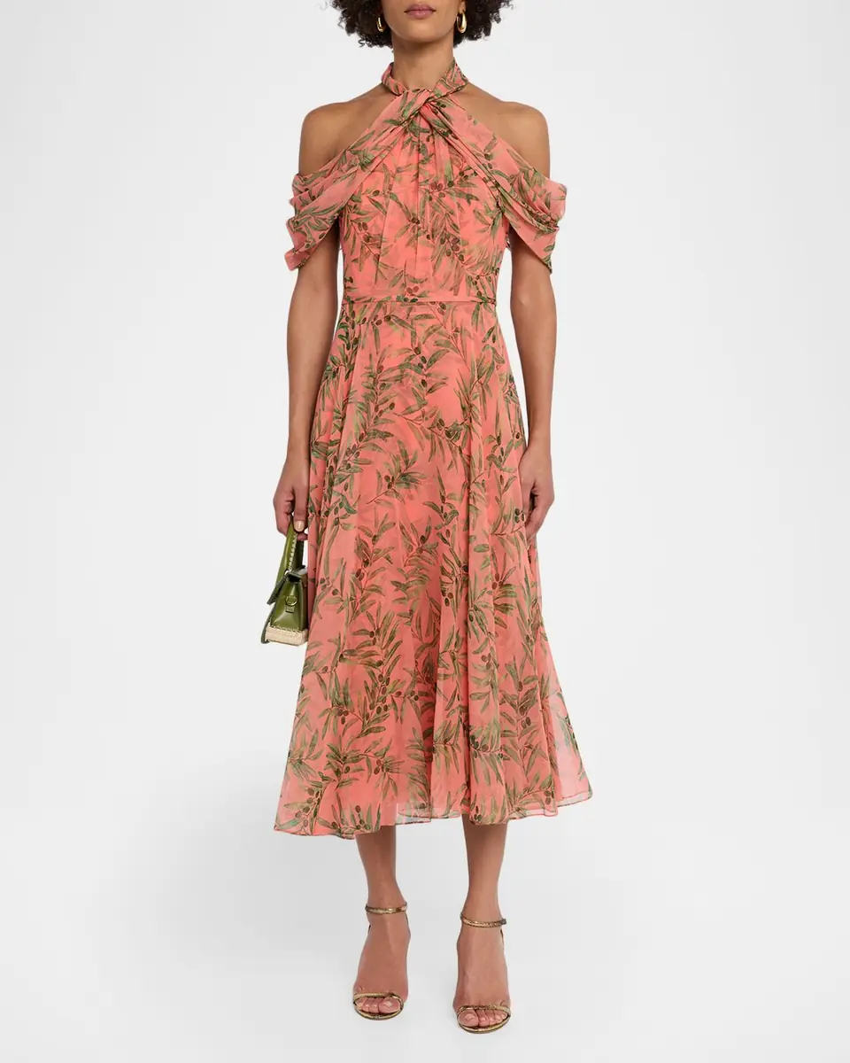 Carolina Herrera Olive Branch Silk Chiffon Draped Halter Midi Dress | Thumbnail 2 Carolina Herrera Olive Branch Silk Chiffon Draped Halter Midi Dress | Thumbnail 2
