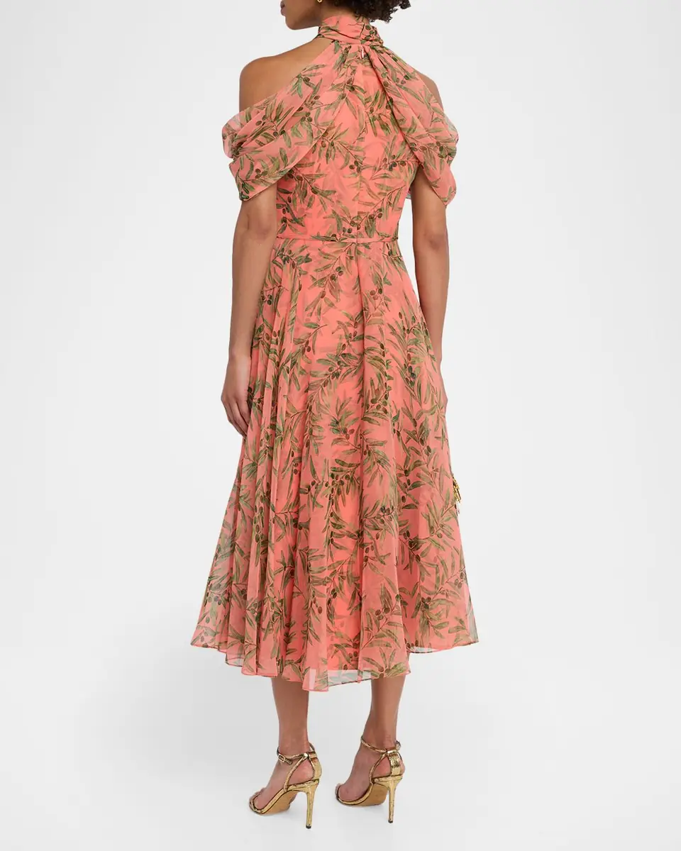 Carolina Herrera Olive Branch Silk Chiffon Draped Halter Midi Dress | Thumbnail 3 Carolina Herrera Olive Branch Silk Chiffon Draped Halter Midi Dress | Thumbnail 3