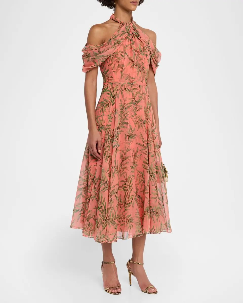 Carolina Herrera Olive Branch Silk Chiffon Draped Halter Midi Dress | Thumbnail 4 Carolina Herrera Olive Branch Silk Chiffon Draped Halter Midi Dress | Thumbnail 4