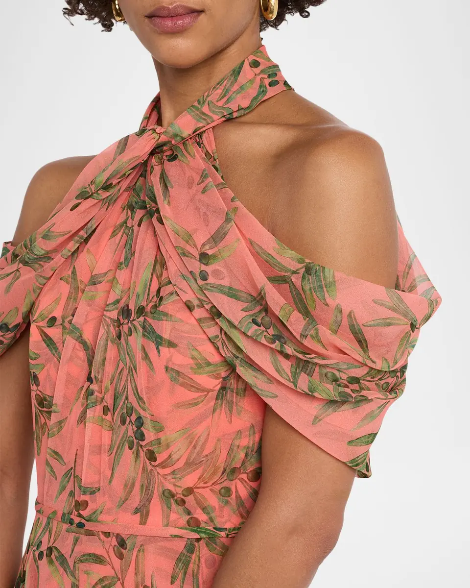 Carolina Herrera Olive Branch Silk Chiffon Draped Halter Midi Dress | Thumbnail 5 Carolina Herrera Olive Branch Silk Chiffon Draped Halter Midi Dress | Thumbnail 5