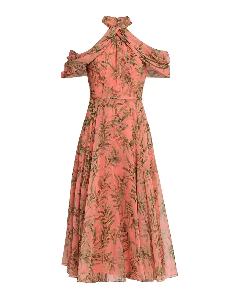 Olive Branch Silk Chiffon Draped Halter Midi Dress Olive Branch Silk Chiffon Draped Halter Midi Dress