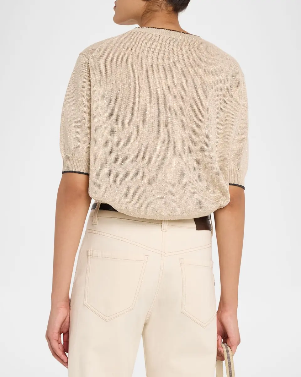 Brunello Cucinelli Linen-Cotton Paillette Short-Sleeve Sweater | Thumbnail 3