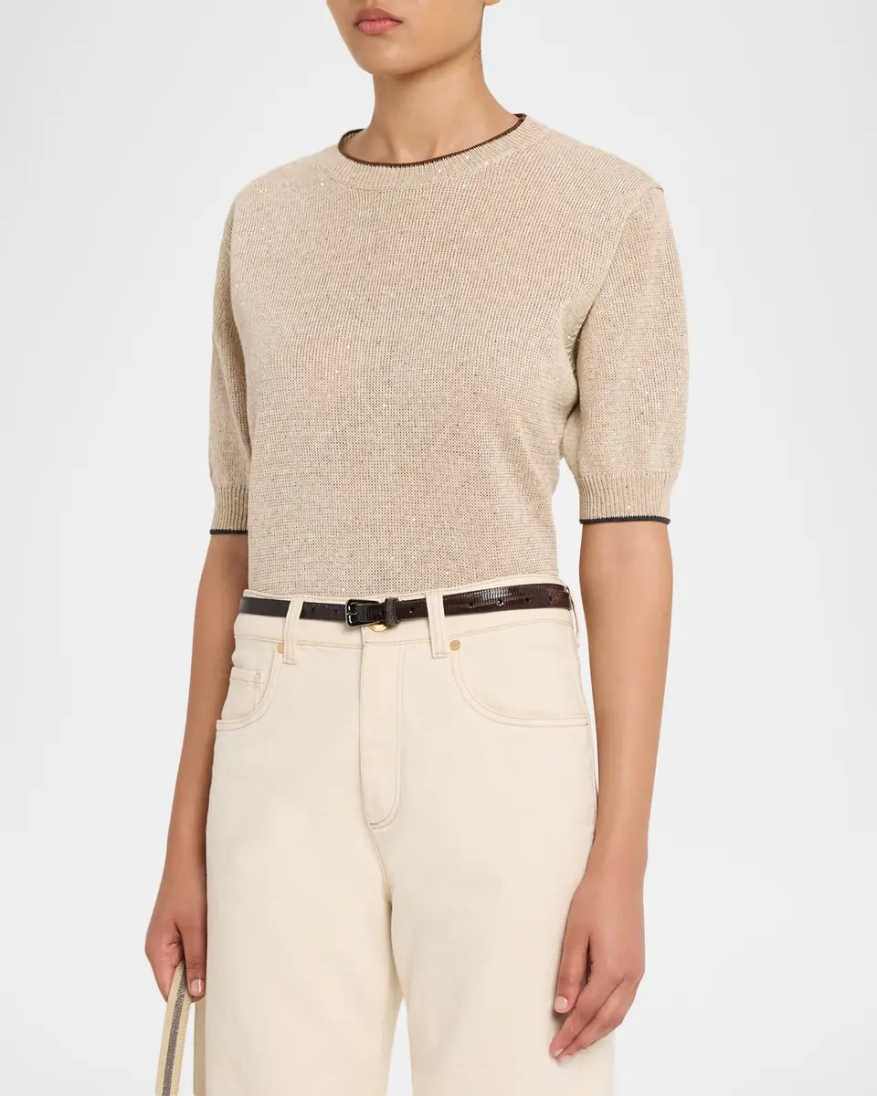 Brunello Cucinelli Linen-Cotton Paillette Short-Sleeve Sweater | Thumbnail 4