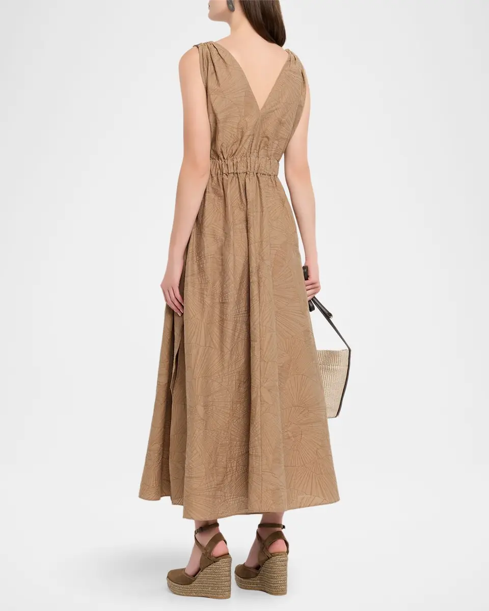 Brunello Cucinelli Sleeveless Cotton Poplin Jacquard Belted Midi Dress | Thumbnail 2