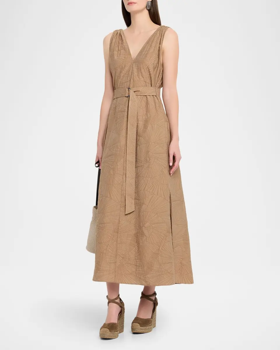 Brunello Cucinelli Sleeveless Cotton Poplin Jacquard Belted Midi Dress | Thumbnail 3
