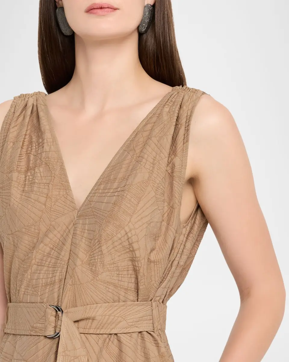 Brunello Cucinelli Sleeveless Cotton Poplin Jacquard Belted Midi Dress | Thumbnail 4
