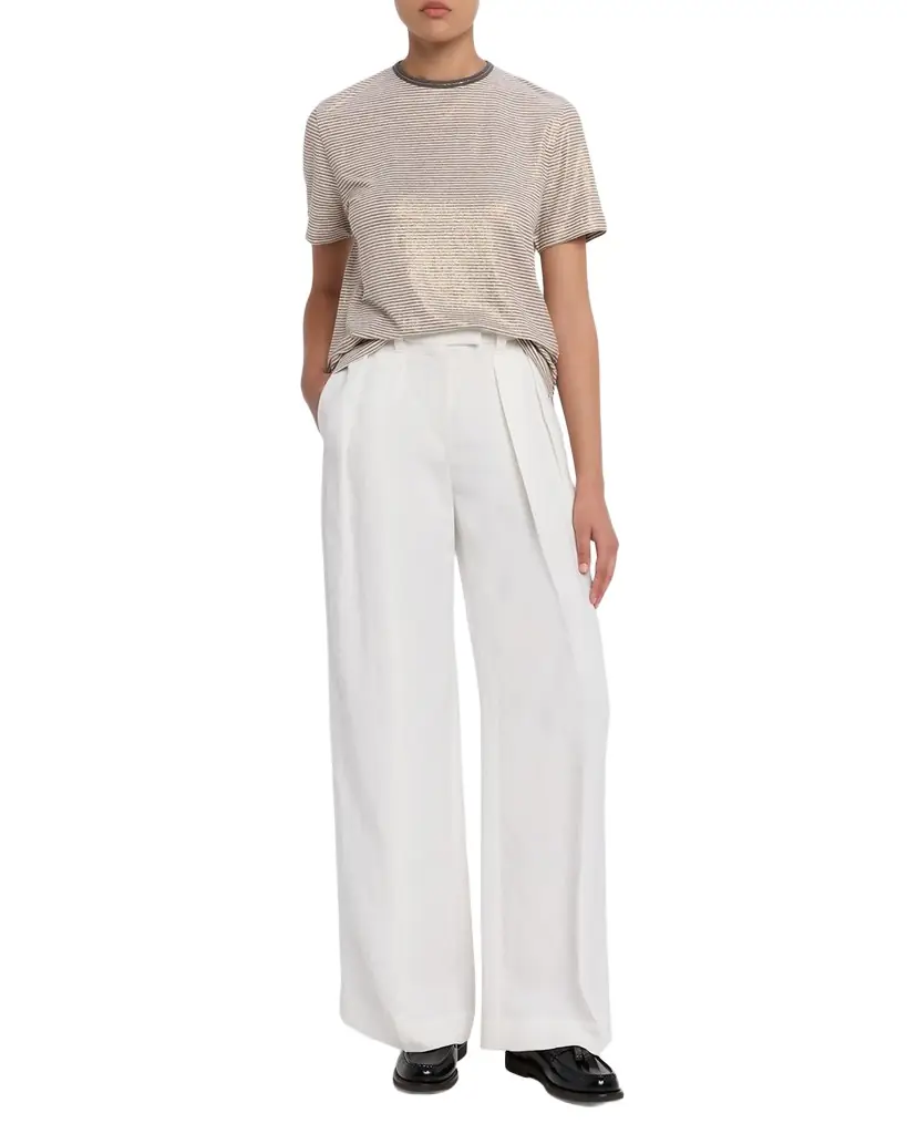 Brunello Cucinelli Shimmering Striped Linen Short-Sleeve T-Shirt | Image 1 Brunello Cucinelli Shimmering Striped Linen Short-Sleeve T-Shirt | Image 1