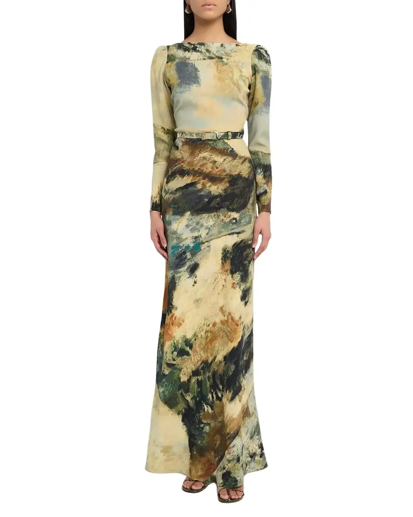 Modernist Landscape Belted Long-Sleeve Maxi Dress Modernist Landscape Belted Long-Sleeve Maxi Dress