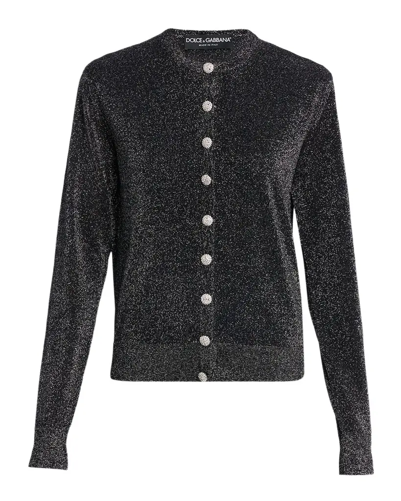 Dolce & Gabbana Crystal-Button Metallic Knit Crewneck Cardigan | Image 1 Dolce & Gabbana Crystal-Button Metallic Knit Crewneck Cardigan | Image 1