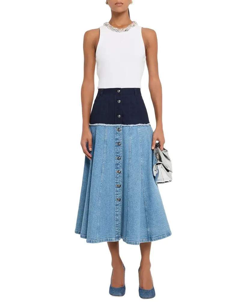 Cinq à Sept Veena Colorblock Denim Midi Skirt | Image 1 Cinq à Sept Veena Colorblock Denim Midi Skirt | Image 1