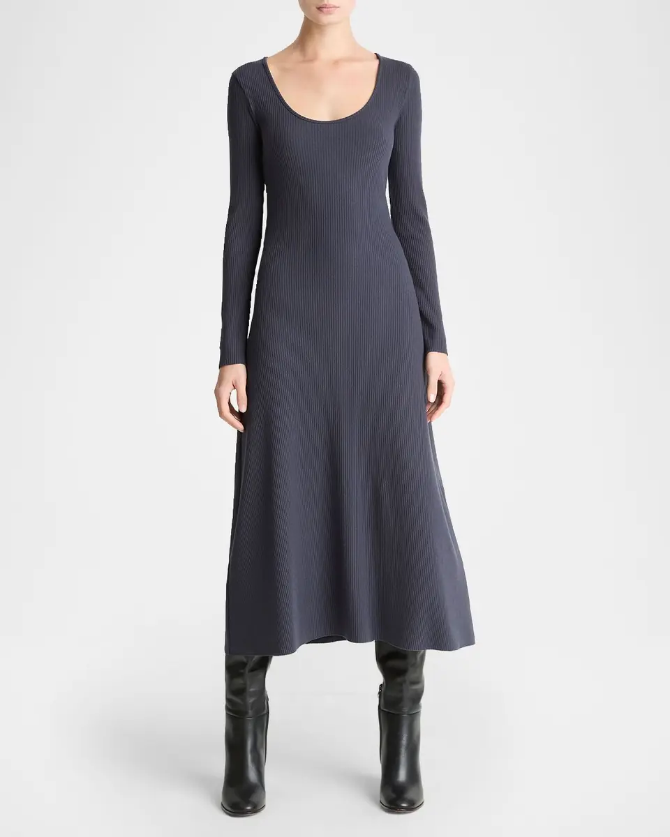 Vince Long-Sleeve Rib-Knit Midi Dress | Thumbnail 2 Vince Long-Sleeve Rib-Knit Midi Dress | Thumbnail 2