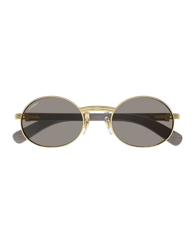 Cartier Men's CT0616S-002 Metal and Acacia Wood Round Sunglasses