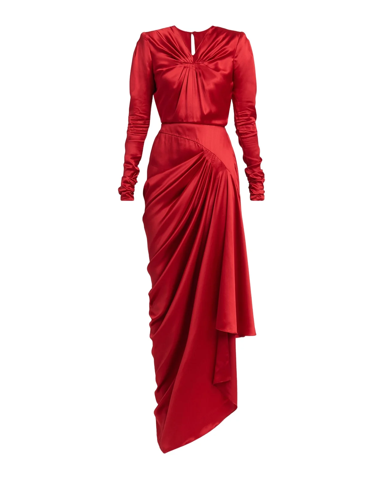 Asymmetric Draped Satin Long-Sleeve Gown Asymmetric Draped Satin Long-Sleeve Gown