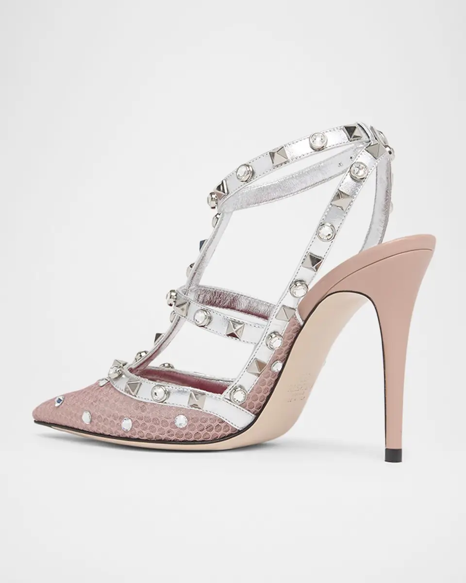 Valentino Garavani 100mm Rockstud Mixed Leather and Mesh Ankle-Strap Pumps | Thumbnail 3 Valentino Garavani 100mm Rockstud Mixed Leather and Mesh Ankle-Strap Pumps | Thumbnail 3
