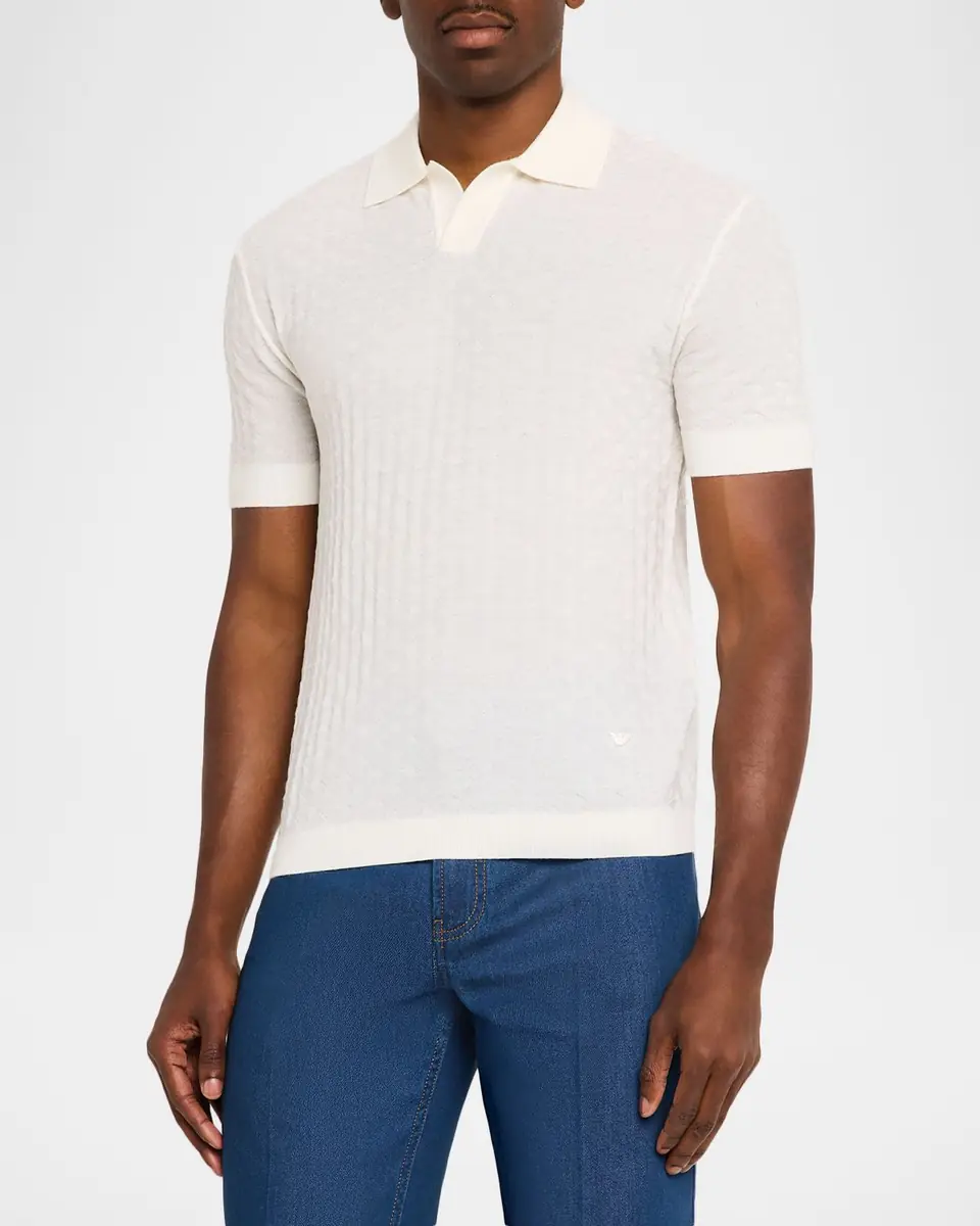 Emporio Armani Men's Wool Basketweave Knit Polo Sweater | Thumbnail 4 Emporio Armani Men's Wool Basketweave Knit Polo Sweater | Thumbnail 4