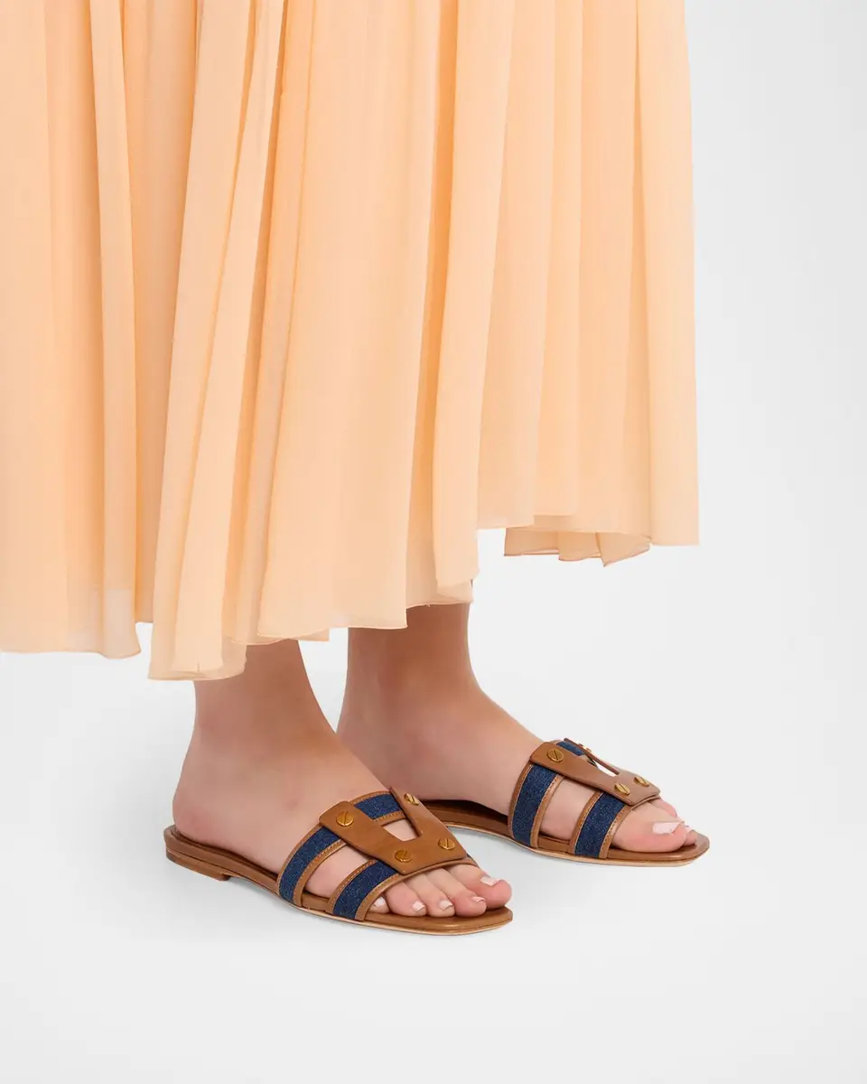 Veronica Beard Via Denim & Leather Slides | Image 1 Veronica Beard Via Denim & Leather Slides | Image 1