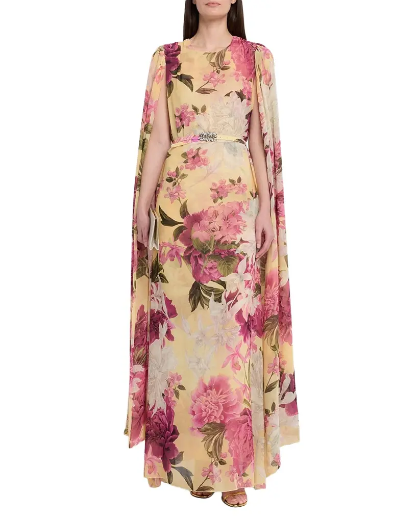 Chiara Boni La Petite Robe Senka Belted Cape-Sleeve Floral Gown | Image 1 Chiara Boni La Petite Robe Senka Belted Cape-Sleeve Floral Gown | Image 1