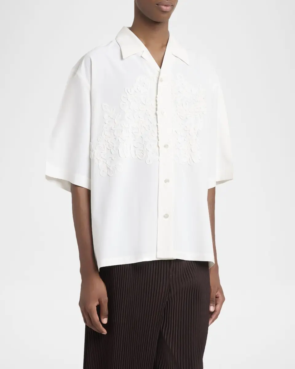 Homme Plissé Issey Miyake Men's Floral Applique Polyester Short-Sleeve Shirt | Thumbnail 4 Homme Plissé Issey Miyake Men's Floral Applique Polyester Short-Sleeve Shirt | Thumbnail 4