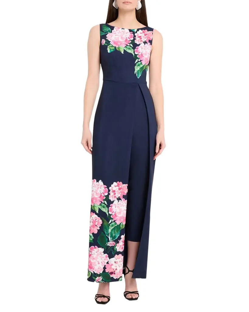 Kay Unger New York Floral-Print Stretch Crepe Walk-Thru Jumpsuit | Image 1 Kay Unger New York Floral-Print Stretch Crepe Walk-Thru Jumpsuit | Image 1
