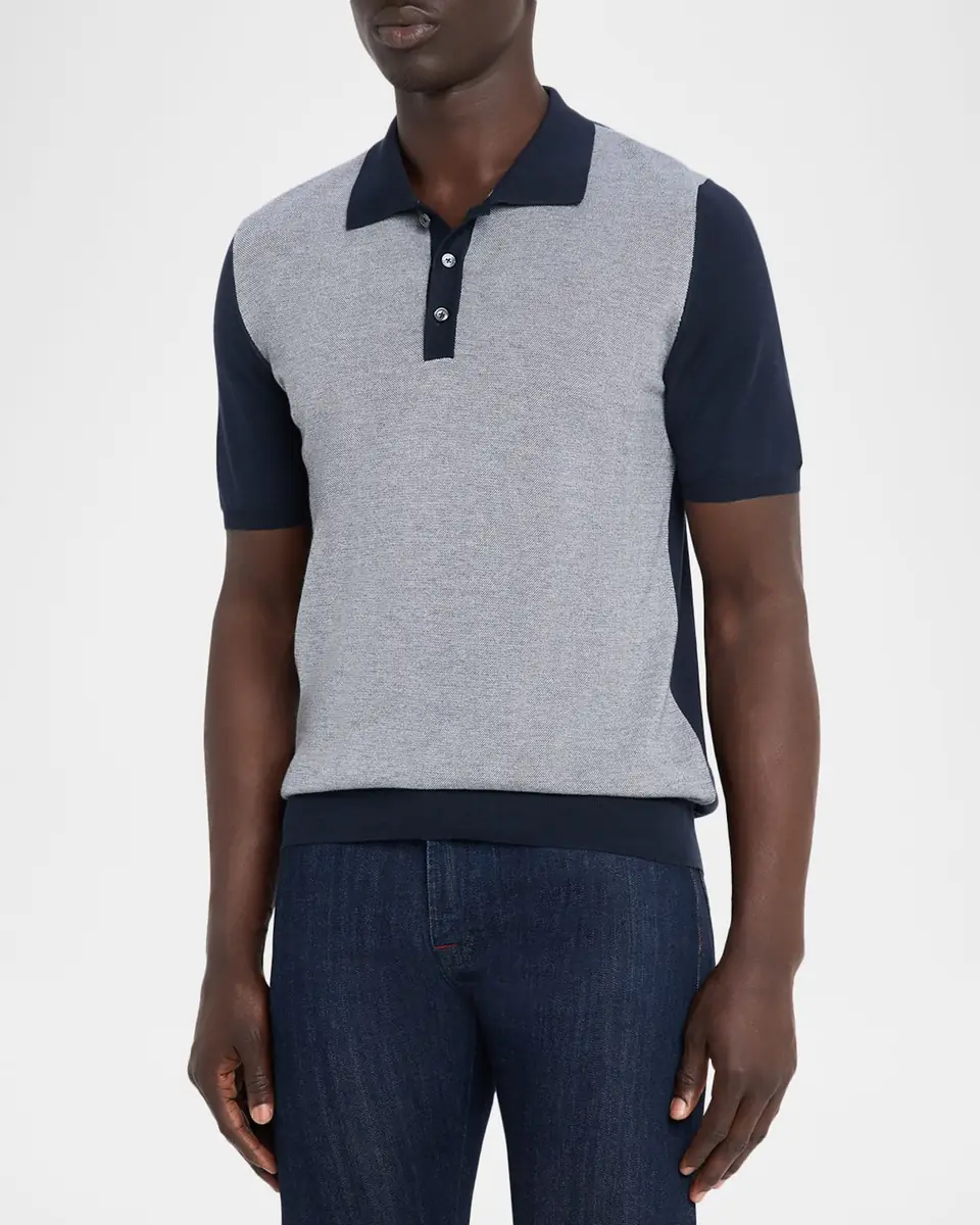 Kiton Men's Cotton Textured-Front Knit Polo Sweater | Thumbnail 3 Kiton Men's Cotton Textured-Front Knit Polo Sweater | Thumbnail 3