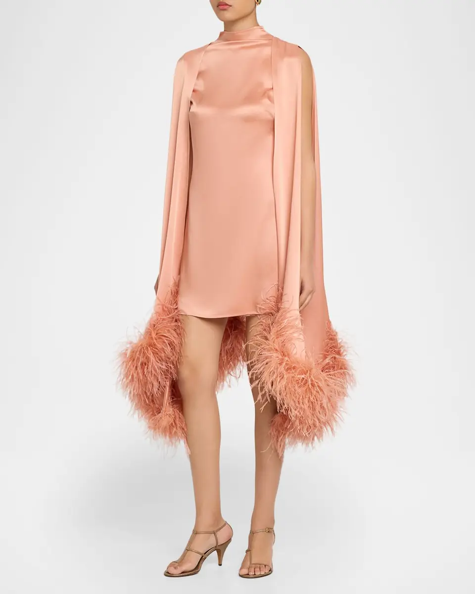LAPOINTE Feather Trim Satin Cape Sleeve Mini Dress | Thumbnail 4 LAPOINTE Feather Trim Satin Cape Sleeve Mini Dress | Thumbnail 4
