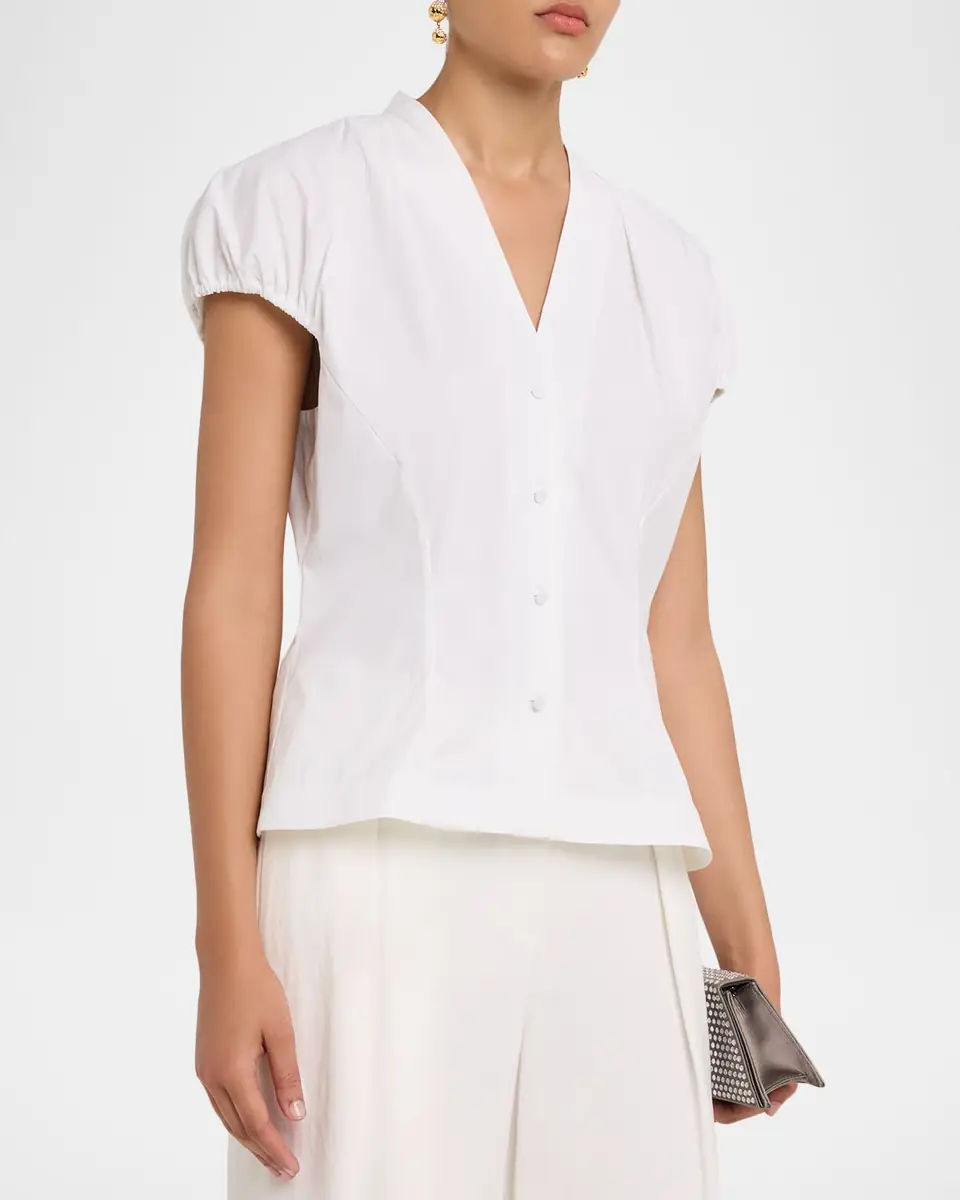 Lela Rose V-Neck Cotton Poplin Button-Down Shirt | Thumbnail 4 Lela Rose V-Neck Cotton Poplin Button-Down Shirt | Thumbnail 4