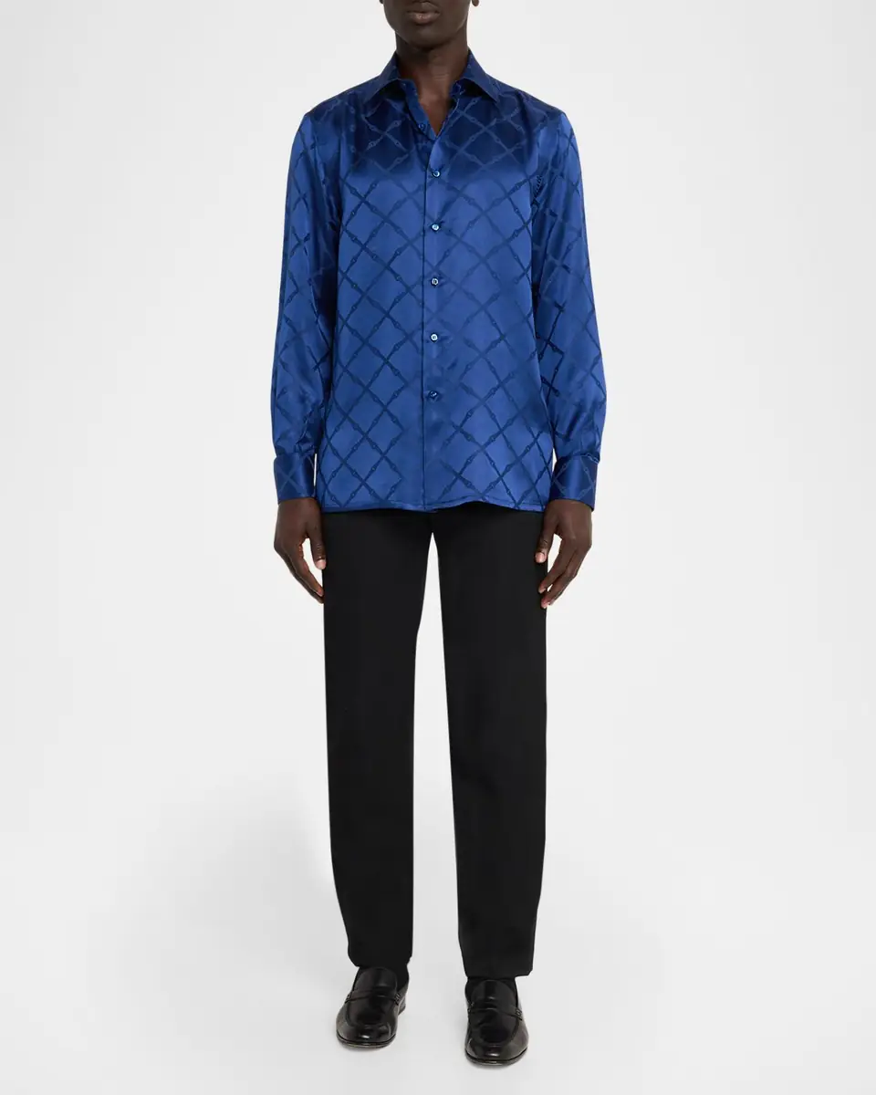Stefano Ricci Men's Grid-Check Jacquard Silk Dress Shirt | Thumbnail 2 Stefano Ricci Men's Grid-Check Jacquard Silk Dress Shirt | Thumbnail 2