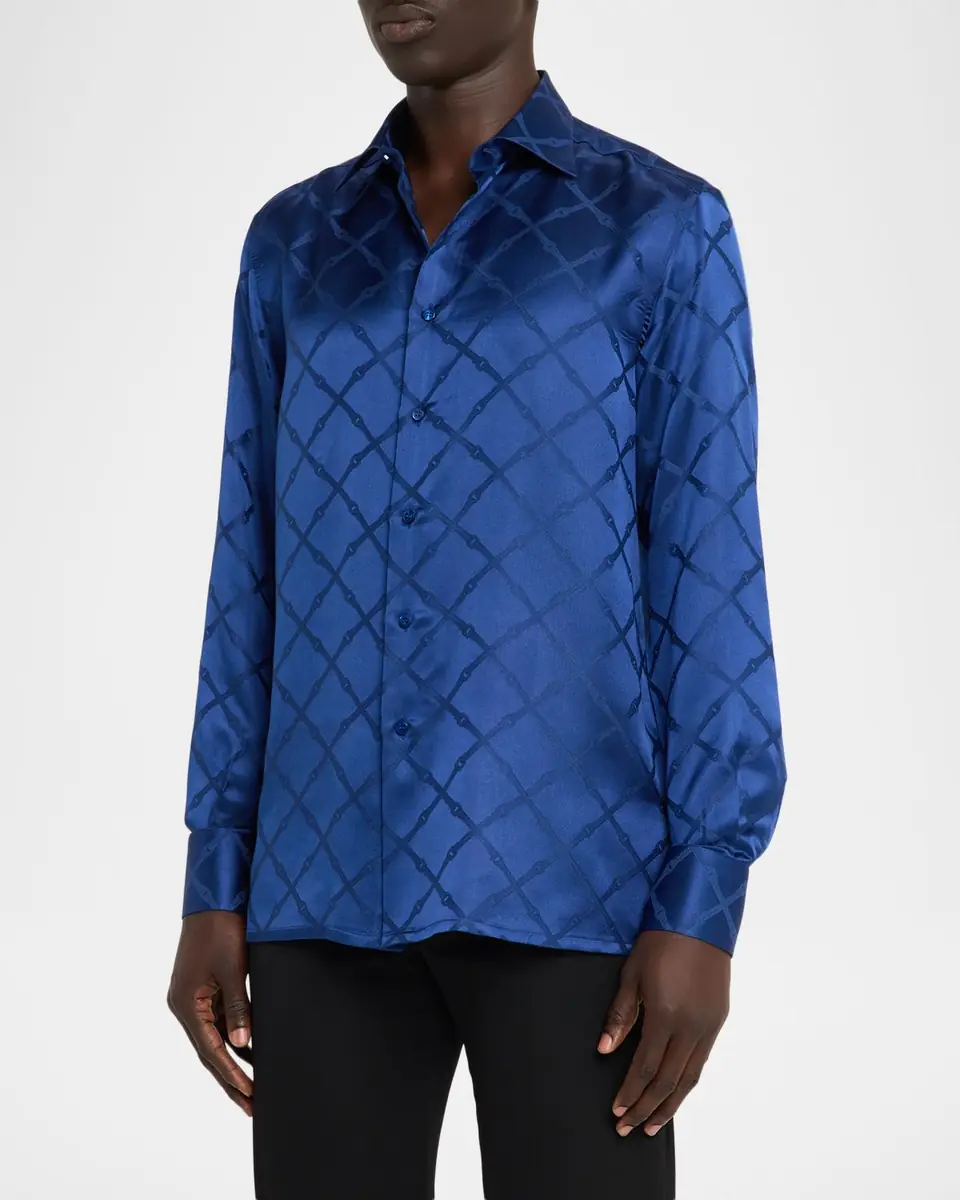 Stefano Ricci Men's Grid-Check Jacquard Silk Dress Shirt | Thumbnail 4 Stefano Ricci Men's Grid-Check Jacquard Silk Dress Shirt | Thumbnail 4