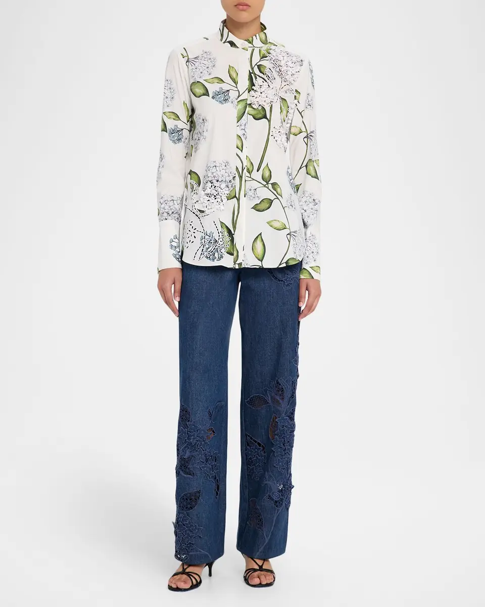 Oscar de la Renta Embroidered Porcelain Flowers Button-Front Shirt | Thumbnail 2 Oscar de la Renta Embroidered Porcelain Flowers Button-Front Shirt | Thumbnail 2
