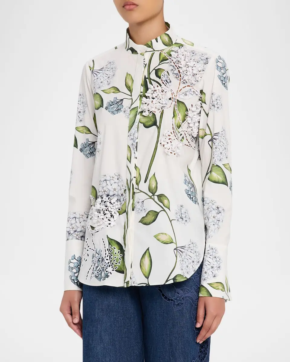 Oscar de la Renta Embroidered Porcelain Flowers Button-Front Shirt | Thumbnail 4 Oscar de la Renta Embroidered Porcelain Flowers Button-Front Shirt | Thumbnail 4