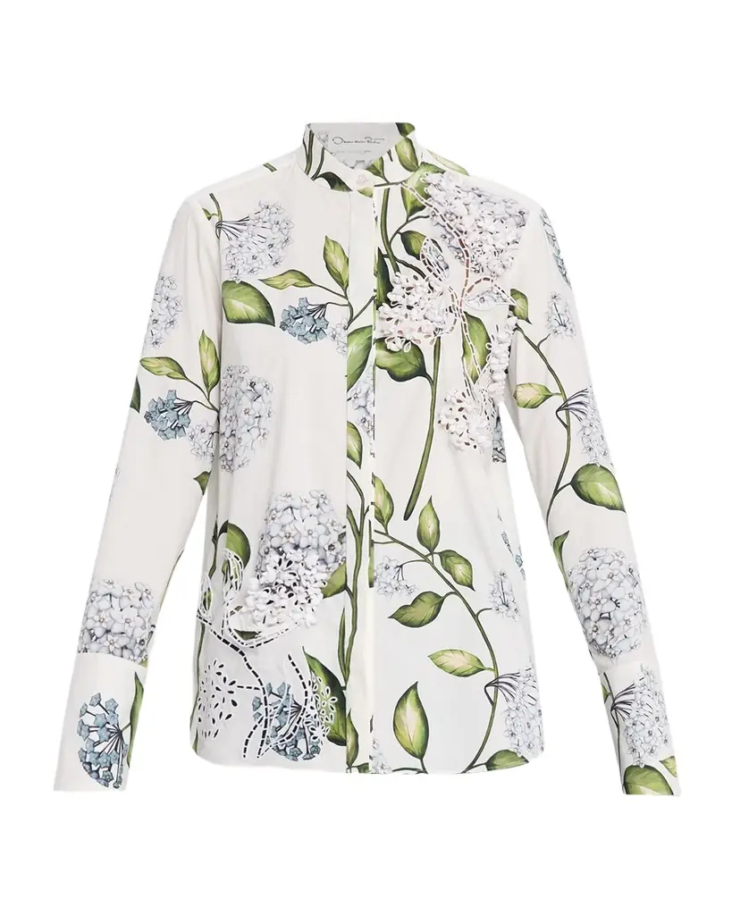 Embroidered Porcelain Flowers Button-Front Shirt