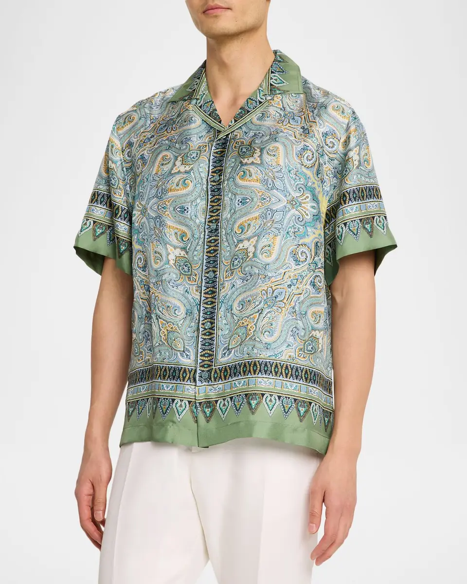 Etro Men's Silk Paisley Bowling Shirt | Thumbnail 4