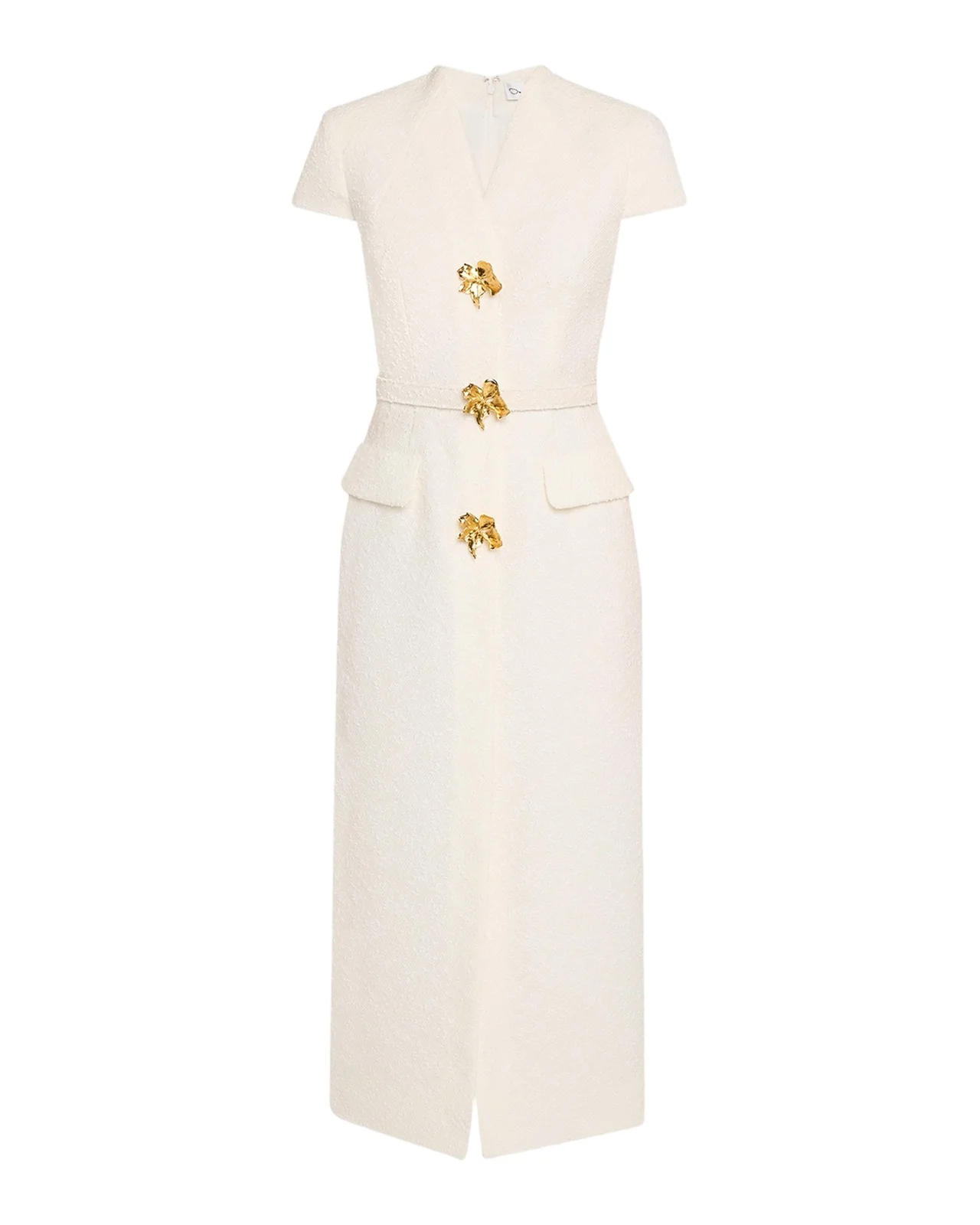 Cap-Sleeve Slub Tweed Buttoned Midi Day Dress Cap-Sleeve Slub Tweed Buttoned Midi Day Dress