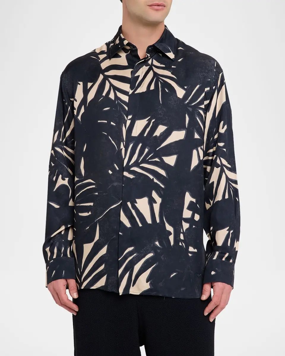 Emporio Armani Men's Viscose Palm-Pattern Button-Down Shirt | Thumbnail 4 Emporio Armani Men's Viscose Palm-Pattern Button-Down Shirt | Thumbnail 4