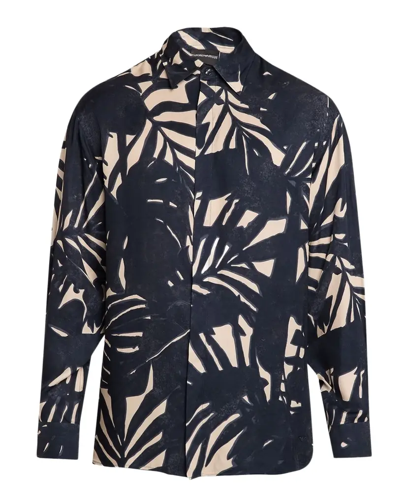 Emporio Armani Men's Viscose Palm-Pattern Button-Down Shirt | Image 1 Emporio Armani Men's Viscose Palm-Pattern Button-Down Shirt | Image 1