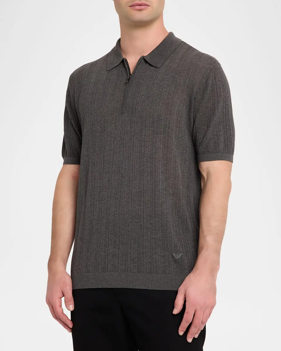 Emporio Armani Men's Textured Short-Sleeve Zip Polo Sweater | Thumbnail 4
